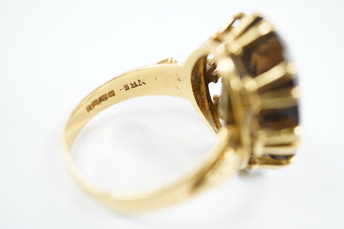 A yellow metal stick pin, the terminal modelled as a Knight's arm holding a scroll(a.f.), 79mm, together with two pairs of yellow metal and gem set ear clips including 9ct and opal doublet.